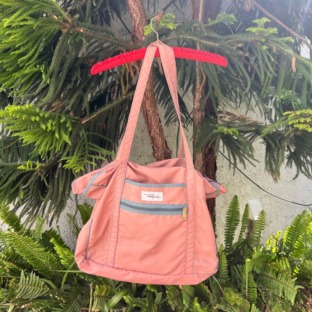Vintage 80s Trager Dusty Coral Nylon Duffel Tote Bag | Zip Closures | 3 Pockets